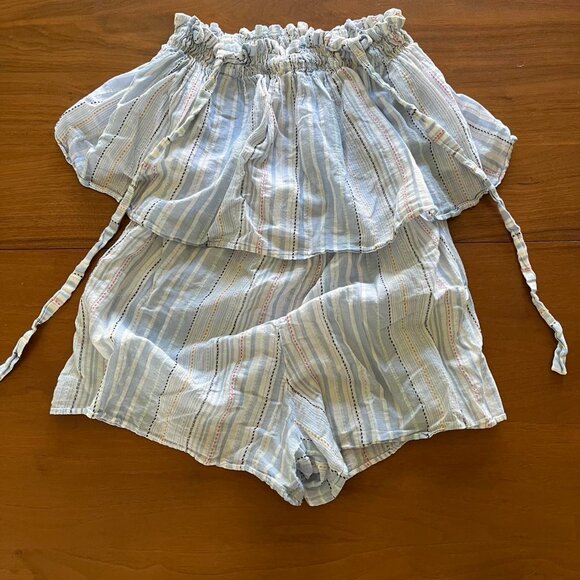 Blue White Madewell Womens Medium Ruffled Romper Spaghetti Straps - Picture 3 of 4